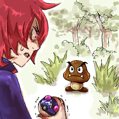 company_connection, constricted_pupils, creature, crossover, fangs, forest, goomba, grass