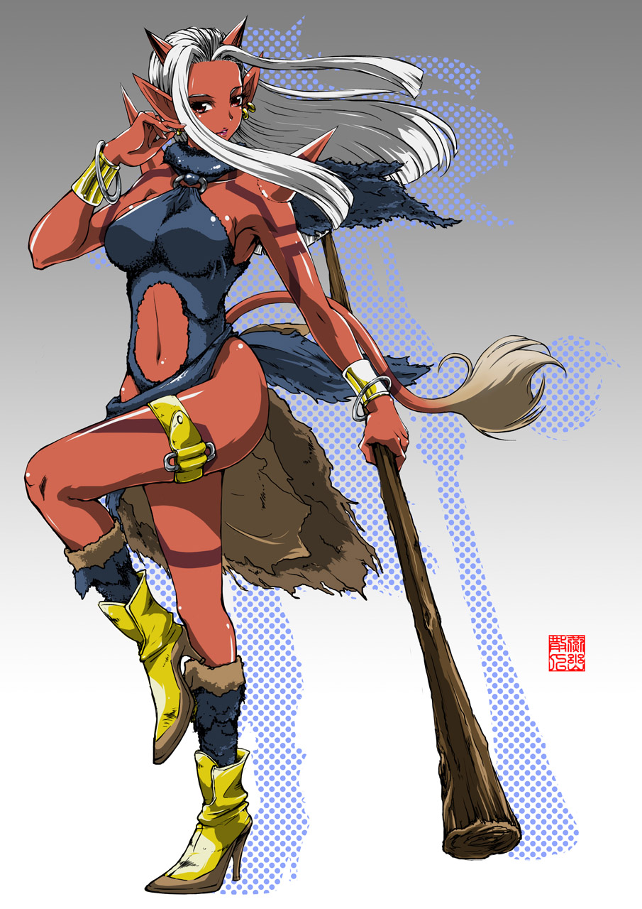 armlet, blush, bracelet, breasts, club, dragon_quest, dragon_quest_x, fur, highres, horns, jewelry, long_hair, midriff, monster_girl, navel, ogre_(dq10), open_mouth, pointy_ears, red_eyes, red_skin, solo, spikes, tail, weapon, white_hair, yanyou_sanren