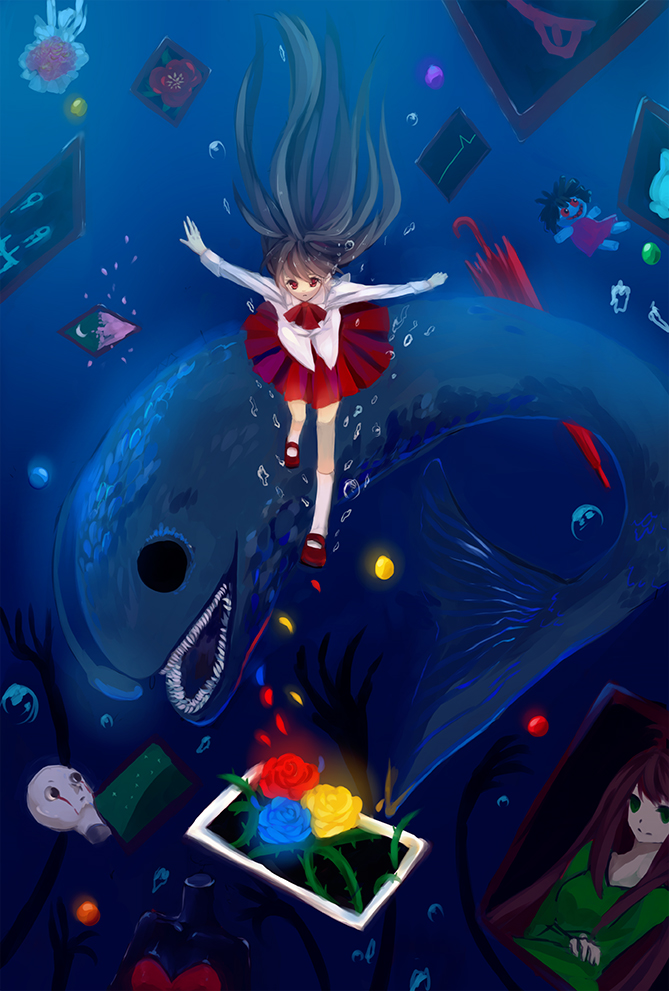 blue_rose, bouquet, brown_hair, bubble, doll, eve_(ib), fish, flower, hands, ib, ib_(ib), lady_in_green_(ib), long_hair, mannequin, outstretched_arms, painting, painting_(object), petals, pleated_skirt, red_eyes, red_rose, reiichi, rose, sharp_teeth, skirt, solo, umbrella, underwater, yellow_rose