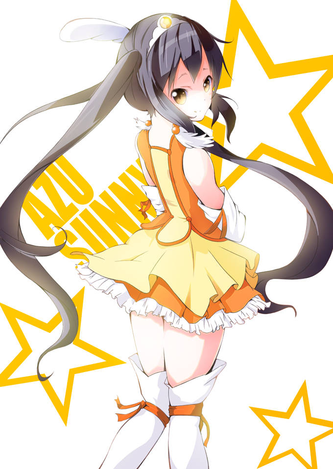 black_hair, brown_eyes, character_name, cure_sunny, cure_sunny_(cosplay), dress, frills, from_behind, head_wing, head_wings, k-on!, long_hair, looking_back, nakano_azusa, precure, skirt, smile, smile_precure!, solo, star, suzumeko, thigh-highs, thighhighs, tiara, twintails