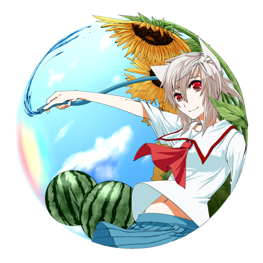 alternate_costume, animal_ears, flower, food, fruit, highres, hose, icf, inubashiri_momiji, mazuka_kei, no_hat, no_headwear, pleated_skirt, red_eyes, school_uniform, serafuku, short_hair, silver_hair, skirt, smile, solo, summer, sunflower, touhou, water, watermelon, wolf_ears