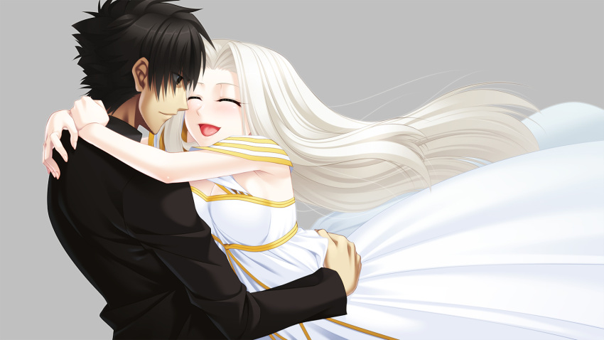 1girl, black_eyes, black_hair, chigaya_kibasaki, couple, dress, emiya_kiritsugu, fate/zero, fate_(series), grey_background, highres, hug, husband_and_wife, irisviel_von_einzbern, long_hair, simple_background, white_hair