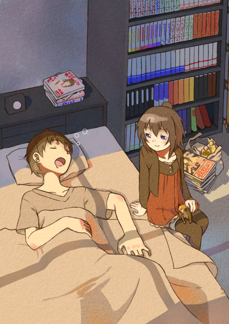 1girl, bed, bed_sheet, black_hair, bottle, chikubi, dress, hair_bun