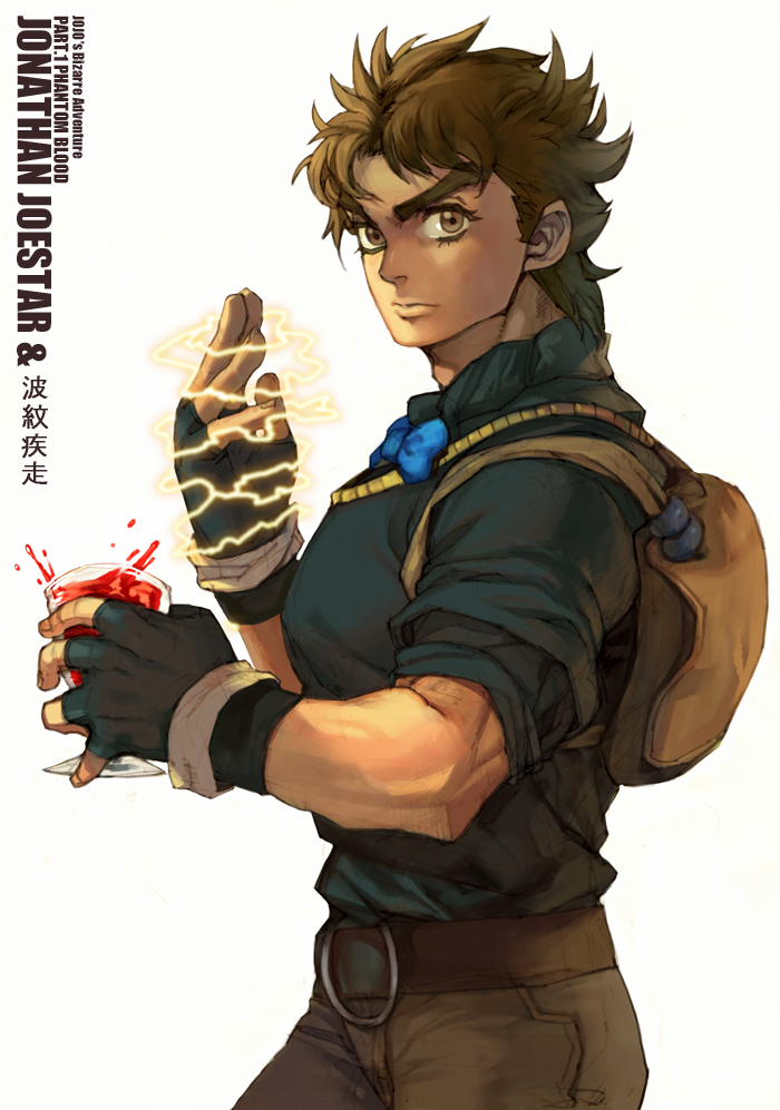 1boy, bag, bookbag, bowtie, brown_eyes, brown_hair, cup, fingerless_gloves