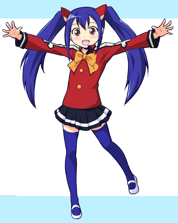 :d, blue_hair, blue_legwear, blush, fairy_tail, full_body, mary_janes, masaki_itsuki, open_mouth, outstretched_arms, skirt, smile, solo, spread_arms, thigh-highs, thighhighs, twintails, wendy_marvell, zettai_ryouiki