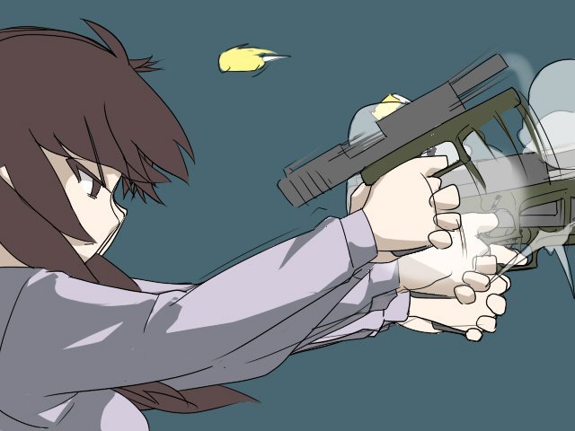 1girl, afterimage, brown_eyes, brown_hair, daizu_sanchi, glock, gun, gun_smoke, handgun, original, shell_casing, smoke, smoking_gun, solo, weapon