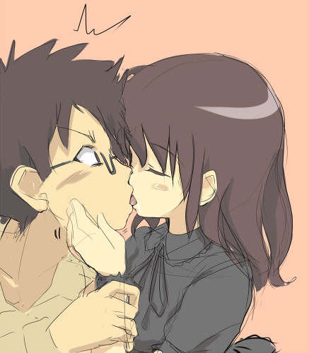 /\/\/\, 1boy, 1girl, blush, blush_stickers, brown_eyes, brown_hair, character_request