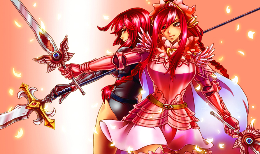 armor, back-to-back, blush, dual_wielding, erza_knightwalker, erza_scarlet, fairy_tail, gaiya