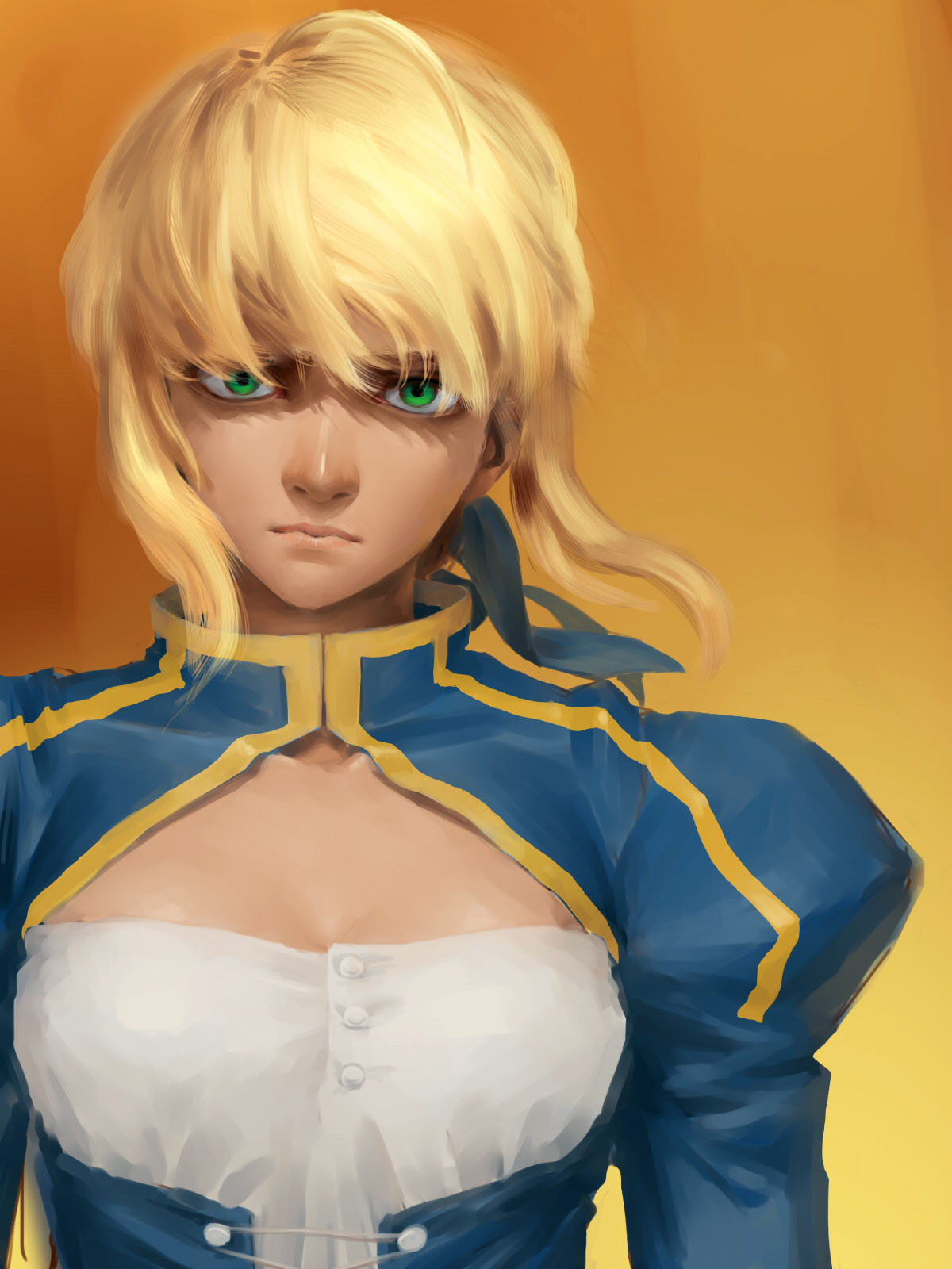 1girl, blonde_hair, cleavage_cutout, dress, fate/stay_night, fate_(series), gaoxinda, green_eyes