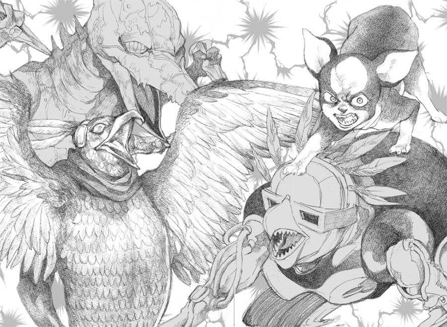 bud_(korovsme), dog, graphite_(medium), hat, horus_(stand), iggy_(jojo), jojo_no_kimyou_na_bouken, monochrome