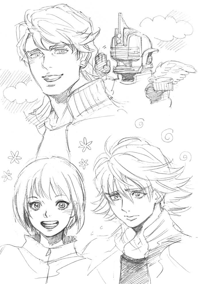 3boys, bud_(korovsme), chibi, cloud, clouds, dual_persona, graphite_(medium), helmet