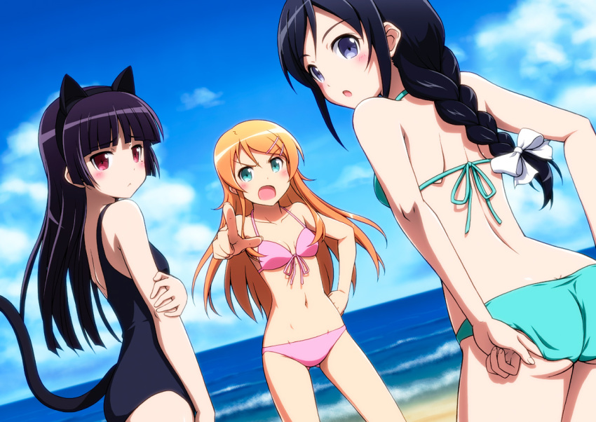 animal_ears, aragaki_ayase, ass, beach, bikini, black_hair, braid, cat_ears