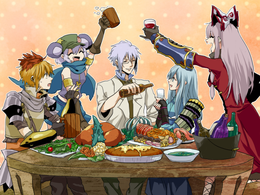 4girls, alternate_costume, animal_ears, armor, beer, beer_mug, blonde_hair, blue_eyes
