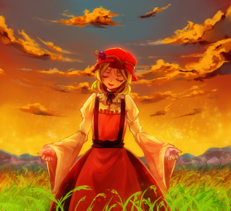 aki_minoriko, blonde_hair, closed_eyes, cloud, clouds, dusk, eyes_closed, field