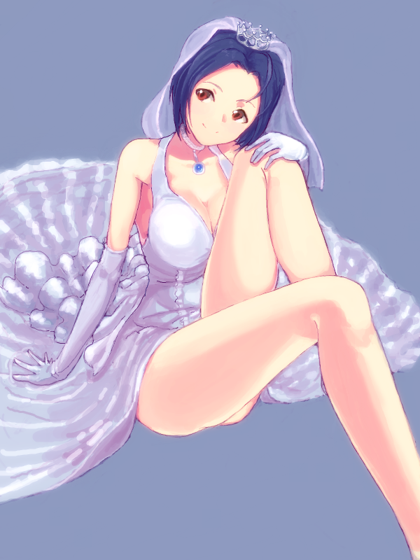 arm_support, blue_hair, breasts, bridal_veil, choker, cleavage, crown, dress, ed69, elbow_gloves, gloves, idolmaster, jewelry, large_breasts, leg_hug, legs, long_legs, miura_azusa, pendant, red_eyes, short_hair, simple_background, sitting, smile, solo, thighs, veil, wedding_dress