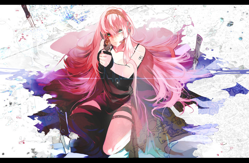 aqua_eyes, blue_eyes, gun, headphones, hebi, letterboxed, long_hair, looking_at_viewer