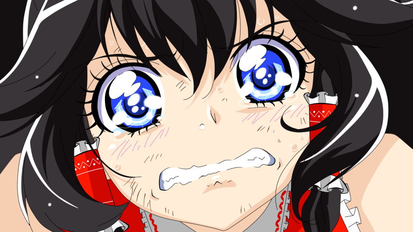 alternate_eye_color, black_hair, blue_eyes, clenched_teeth, close-up, face, hair_tubes, hakurei_reimu