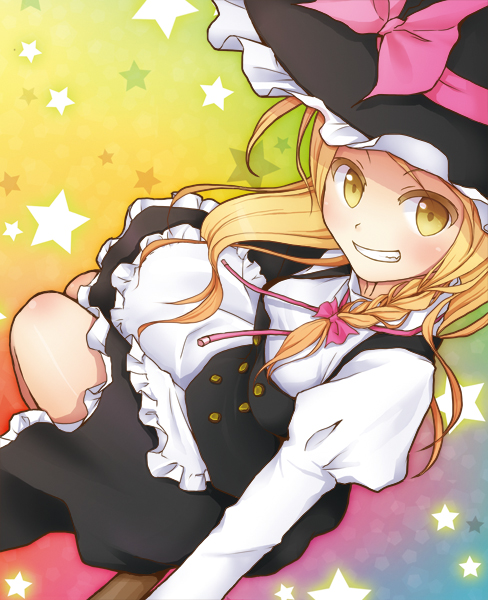 apron, blonde_hair, bow, braid, grin, hat, hat_bow, kirisame_marisa
