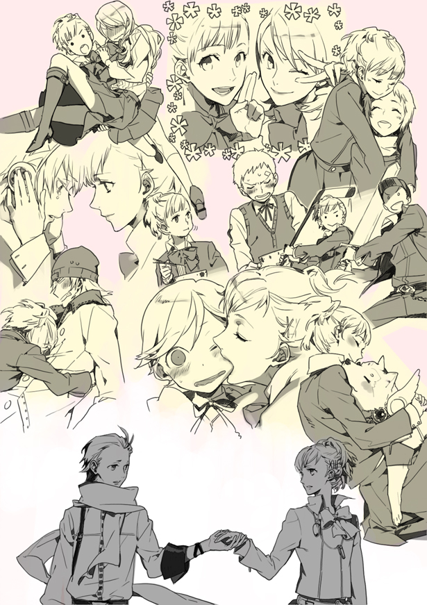 amada_ken, animal, aragaki_shinjirou, arubon, blush, bow, closed_eyes, dog, female_protagonist_(persona_3), food, hair_ornament, hairclip, hockey_stick, hug, iori_junpei, kirijou_mitsuru, koromaru, mochizuki_ryouji, noodles, persona, persona_3, persona_3_portable, ramen, sanada_akihiko, school_uniform, short_hair, skirt, smile, sword, takeba_yukari, tears, weapon, wink, yamagishi_fuuka