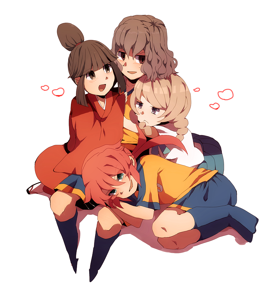 2girls, blush, braid, brown_eyes, brown_hair, hair_up, harem, heart