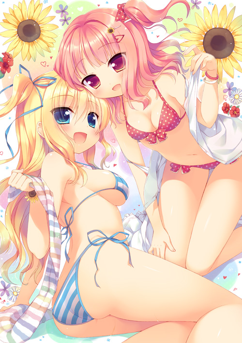 :d, bikini, blonde_hair, blue_eyes, blush, breasts, flower, hair_ornament