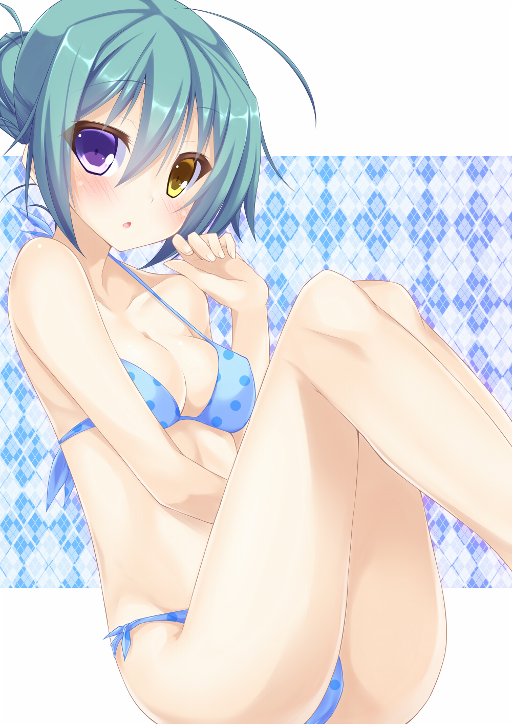 :o, ahoge, argyle, argyle_background, bikini, blue_bikini, blue_eyes, blue_hair