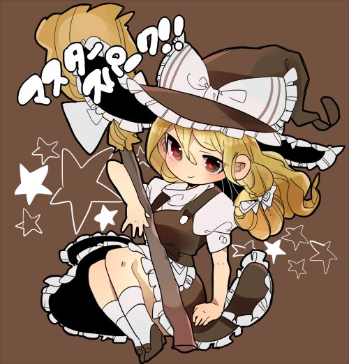 apron, blonde_hair, bow, broom, brown, brown_background, hat, hat_bow, kirisame_marisa, long_hair, picohebi, puffy_sleeves, red_eyes, short_sleeves, simple_background, smile, solo, star, touhou, witch_hat