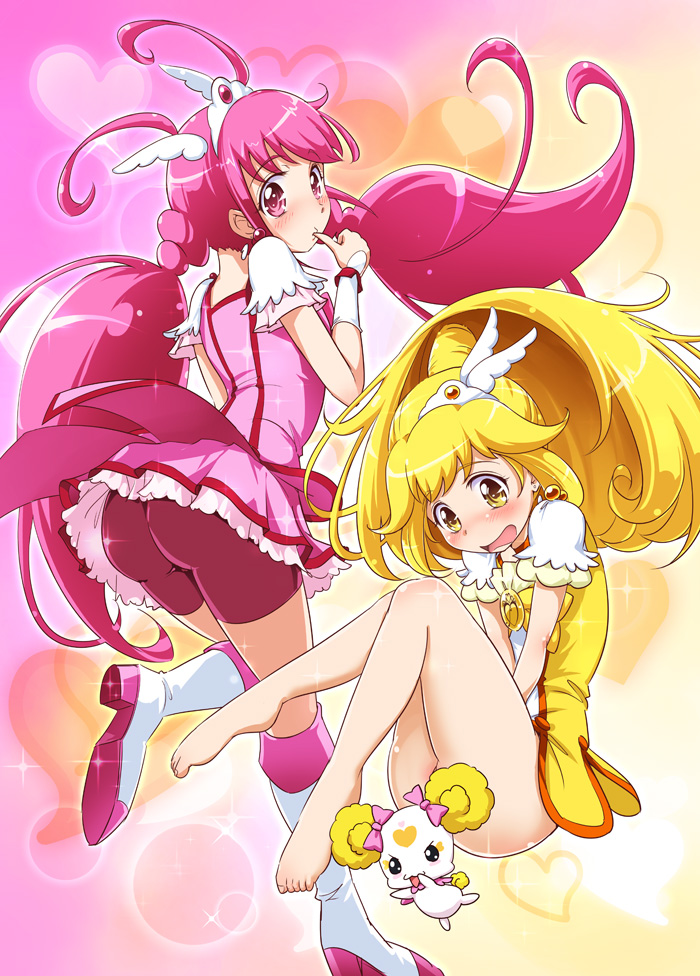 2girls, antenna_hair, ass, barefoot, bike_shorts, blonde_hair, blush, boots
