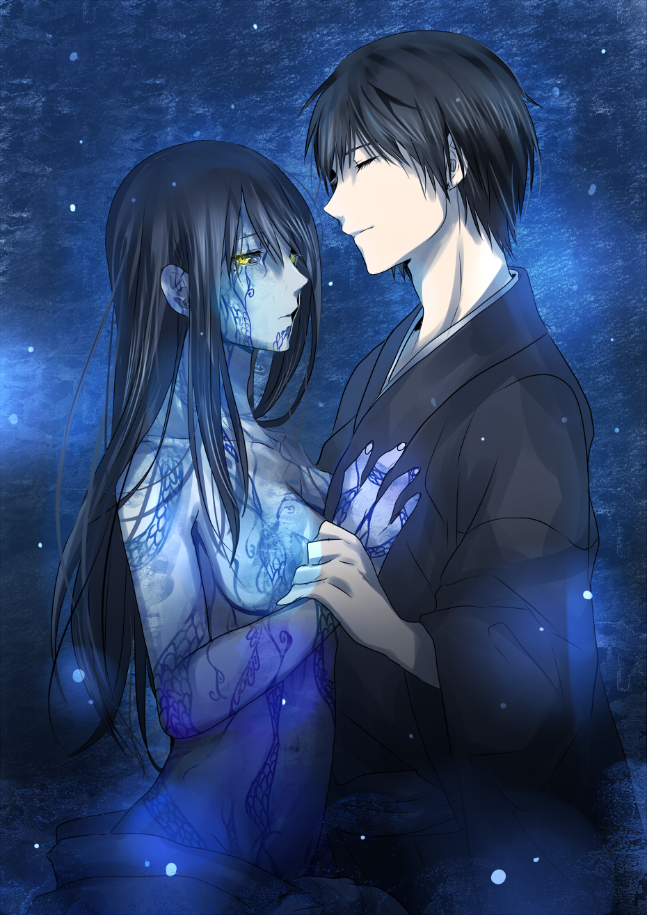 1girl, black_hair, blue_background, breasts, closed_eyes, eyes_closed, fatal_frame, fatal_frame_3