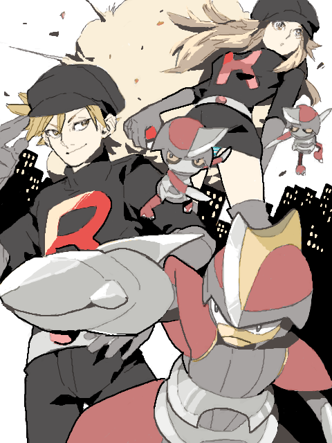 1boy, 1girl, alternate_costume, bisharp, blue_(pokemon), brown_eyes, brown_hair, city