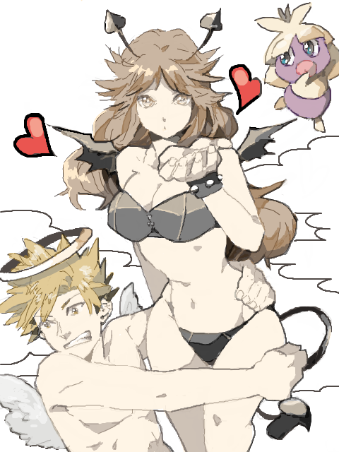 1boy, 1girl, alternate_costume, angel, angel_wings, bare_shoulders, bat_wings, blue_(pokemon), bra, breasts, brown_eyes, brown_hair, devil, holding, kiss, long_hair, ookido_green, panties, pokemon, pokemon_(creature), pokemon_(game), pokemon_frlg, rotasu, smoochum, underwear, wings