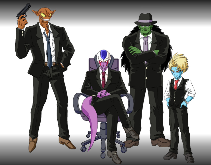 4boys, black_hair, blonde_hair, blue_skin, chair, cooler_(dragon_ball), crossed_arms, dark_skin