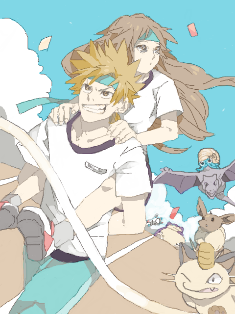 1boy, 1girl, aerodactyl, alternate_costume, blue_(pokemon), brown_eyes, brown_hair, carrying