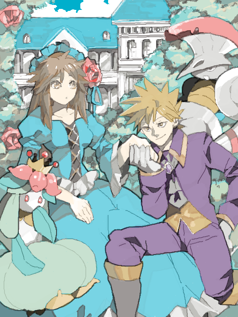 1boy, 1girl, alternate_costume, blue_(pokemon), clothed_pokeball, clothed_pokemon, crown, dress