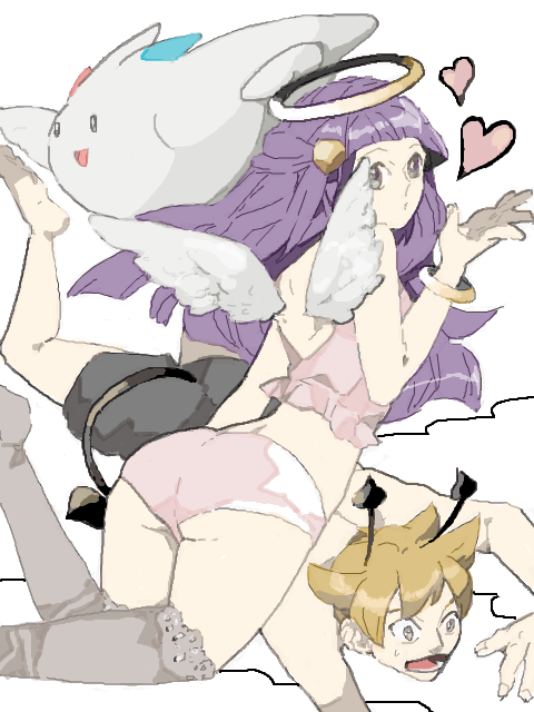 1boy, 1girl, alternate_costume, angel, angel_wings, ass, blonde_hair, devil