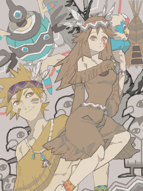 1boy, 1girl, alternate_costume, bangs, barefoot, blue_(pokemon), bracelet, brave