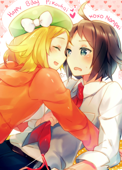 1girl, ahoge, bel_(pokemon), beret, blonde_hair, blue_eyes, blush, brown_hair