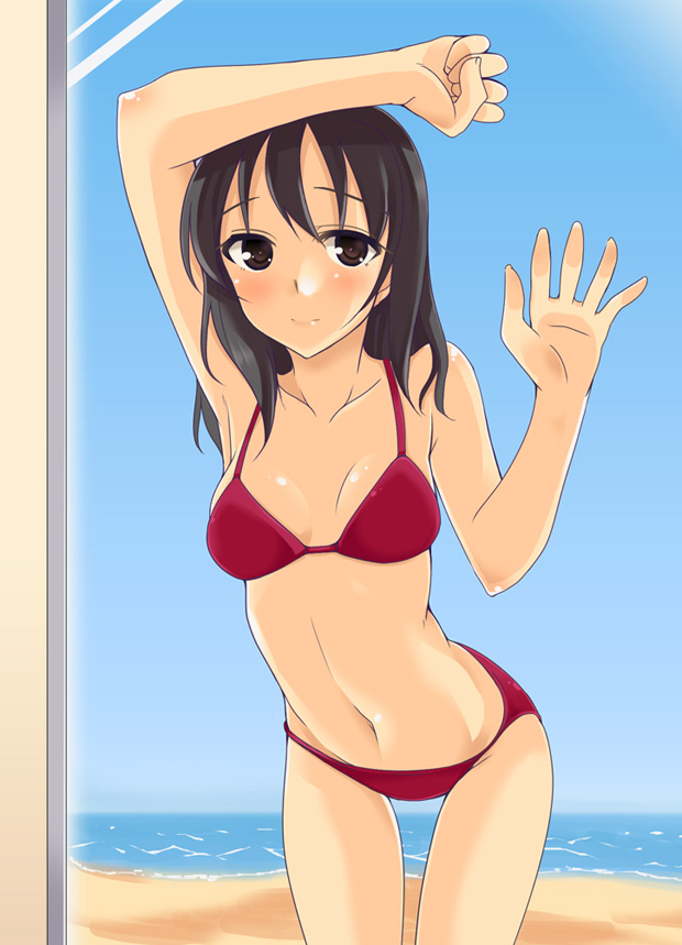 against_glass, beach, bikini, black_hair, brown_eyes, fujiwara_hajime, gokubuto_mayuge, idolmaster
