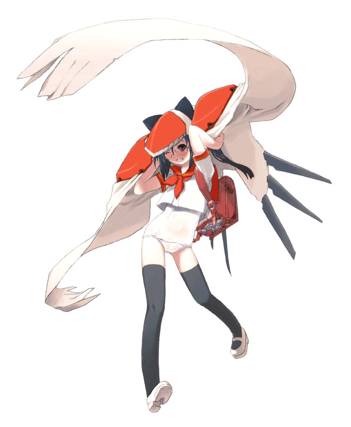 backpack, bag, black_hair, black_legwear, brown_eyes, buruma, commentary, glasses, grin, gym_uniform, jet_alone, longman, mary_janes, neon_genesis_evangelion, personification, randoseru, school_swimsuit, school_uniform, shoes, simple_background, slip-on_shoes, smile, solo, swimsuit, swimsuit_under_clothes, thighhighs, wadatsumi_garland, white_background, wink