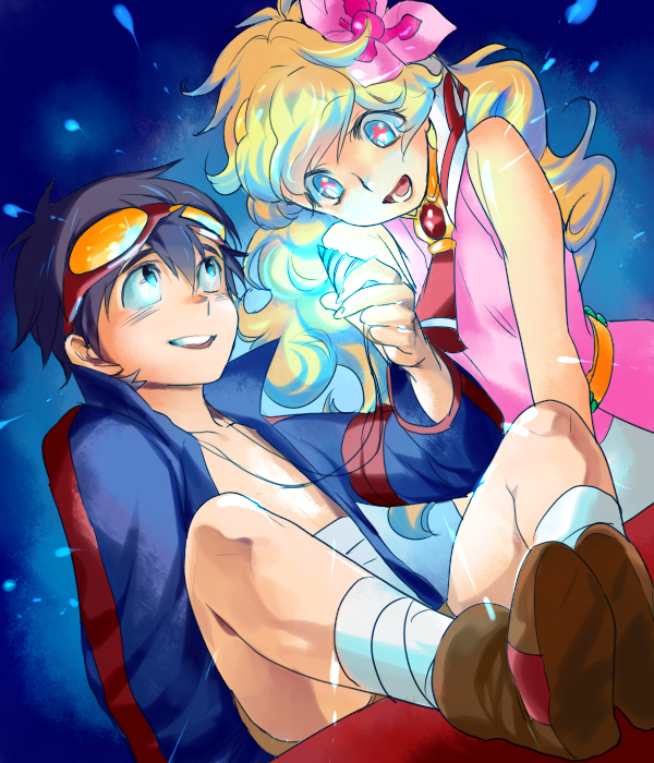 blue_hair, couple, drill, fancyidiots, flower, goggles, goggles_on_head, hair_flower, hair_ornament, multicolored_hair, nia_teppelin, shirtless, simon, smile, symbol-shaped_pupils, tengen_toppa_gurren_lagann, two-tone_hair, young