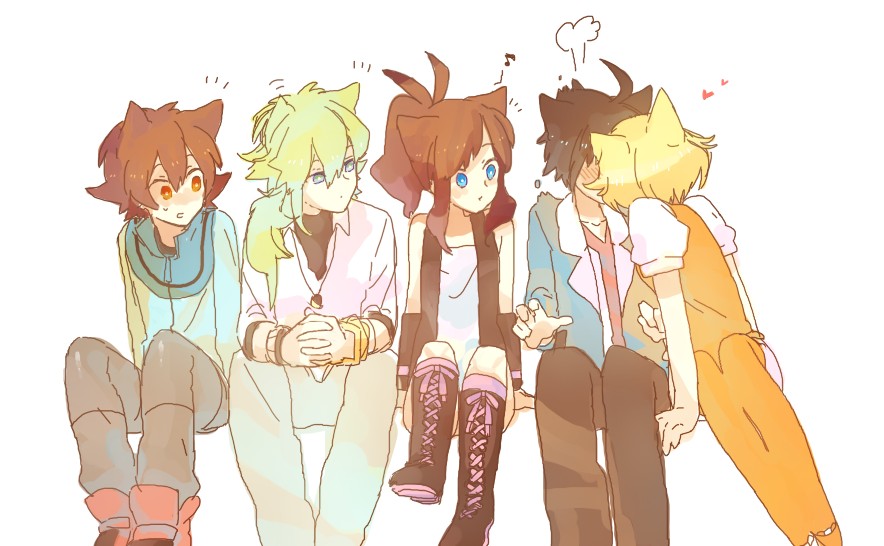 3boys, 6927mukutuna, animal_ears, bel_(pokemon), blush, cat_ears, cheren_(pokemon), embarrassed