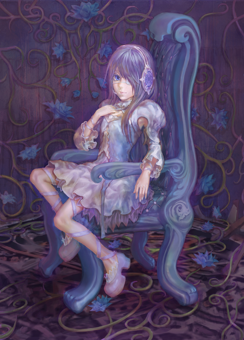1girl, ano, chair, dress, eyepatch, flower, hatsune_miku, headphones