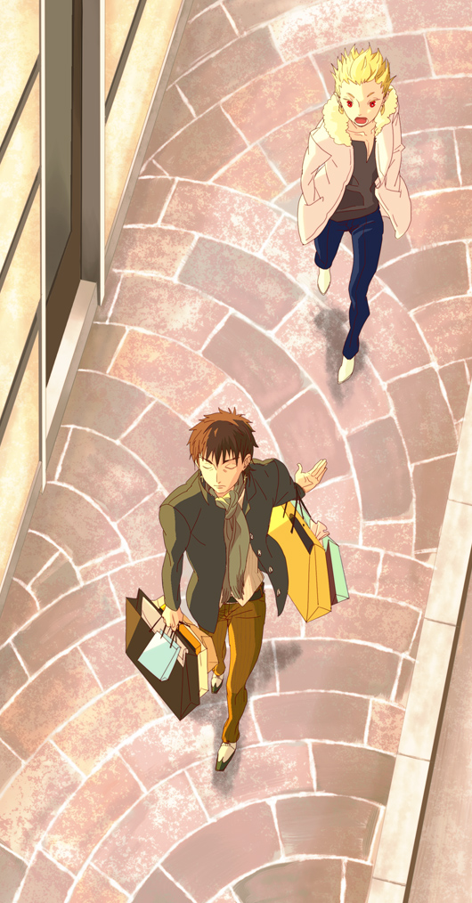 2boys, blonde_hair, brown_hair, casual, coat, cppn, cross, cross_earrings