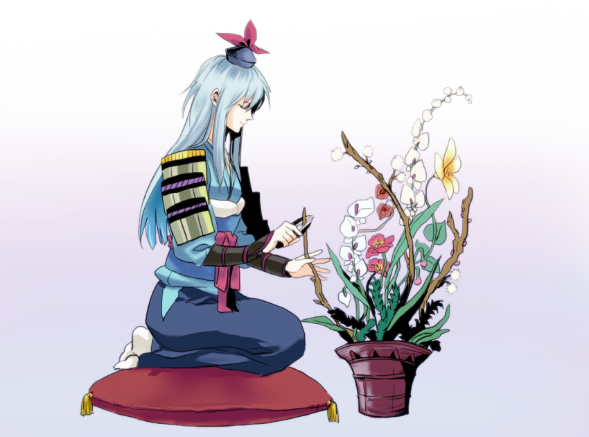 alternate_costume, armor, blue_hair, bud, closed_eyes, eyes_closed, flower, hat, ikebana, japanese_clothes, kamishirasawa_keine, kurokote, long_hair, long_sleeves, pillow, plant, scissors, seiza, shears, sitting, smile, sode, solo, touhou, vambraces, yoshiharu_(ryoji)