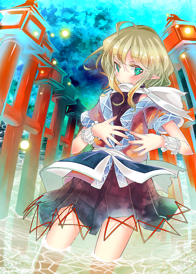 ahoge, aqua_eyes, blonde_hair, heri, mizuhashi_parsee, off_shoulder, orbs, pointy_ears, scarf, short_hair, short_sleeves, solo, standing, touhou, water, wrist_cuffs