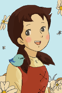 70s, :d, adelheid_'heidi', alps_no_shoujo_heidi, bird, bird_on_shoulder, brown_hair, bust