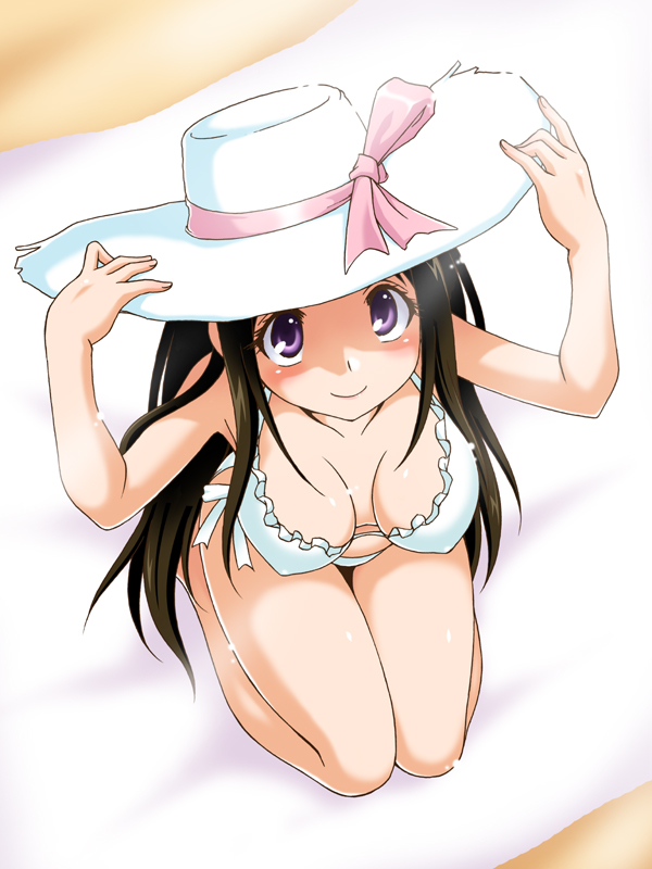 bikini, black_hair, breasts, chitanda_eru, cleavage, down_blouse, from_above, hat, hyouka, long_hair, nishi_kita, purple_eyes, sitting, swimsuit, violet_eyes, wariza