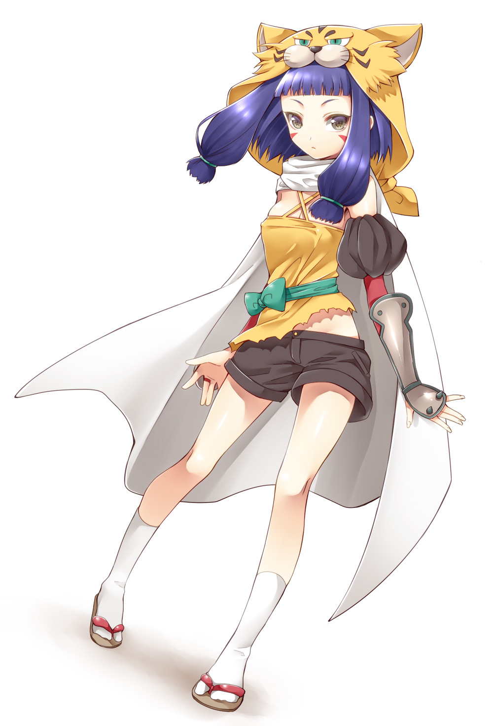 blue_hair, cape, dutch_angle, facepaint, female, grey_eyes, hattori_(junoct2000), highres