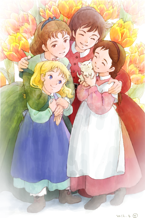 4girls, ai_no_wakakusa_monogatari, amy_march, cat, closed_eyes, elizabeth_march, eyes_closed, family
