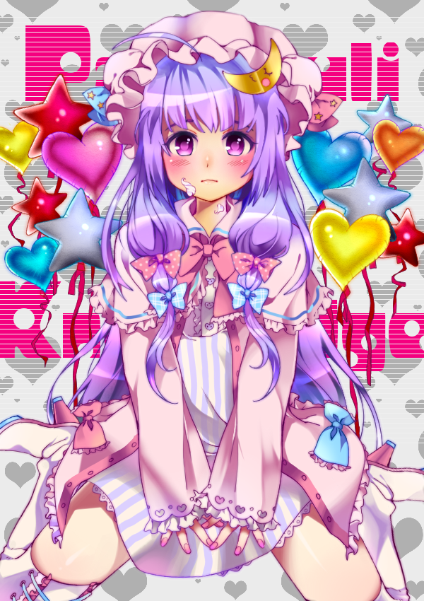 ahoge, balloon, blush, bow, capelet, character_name, cream, crescent